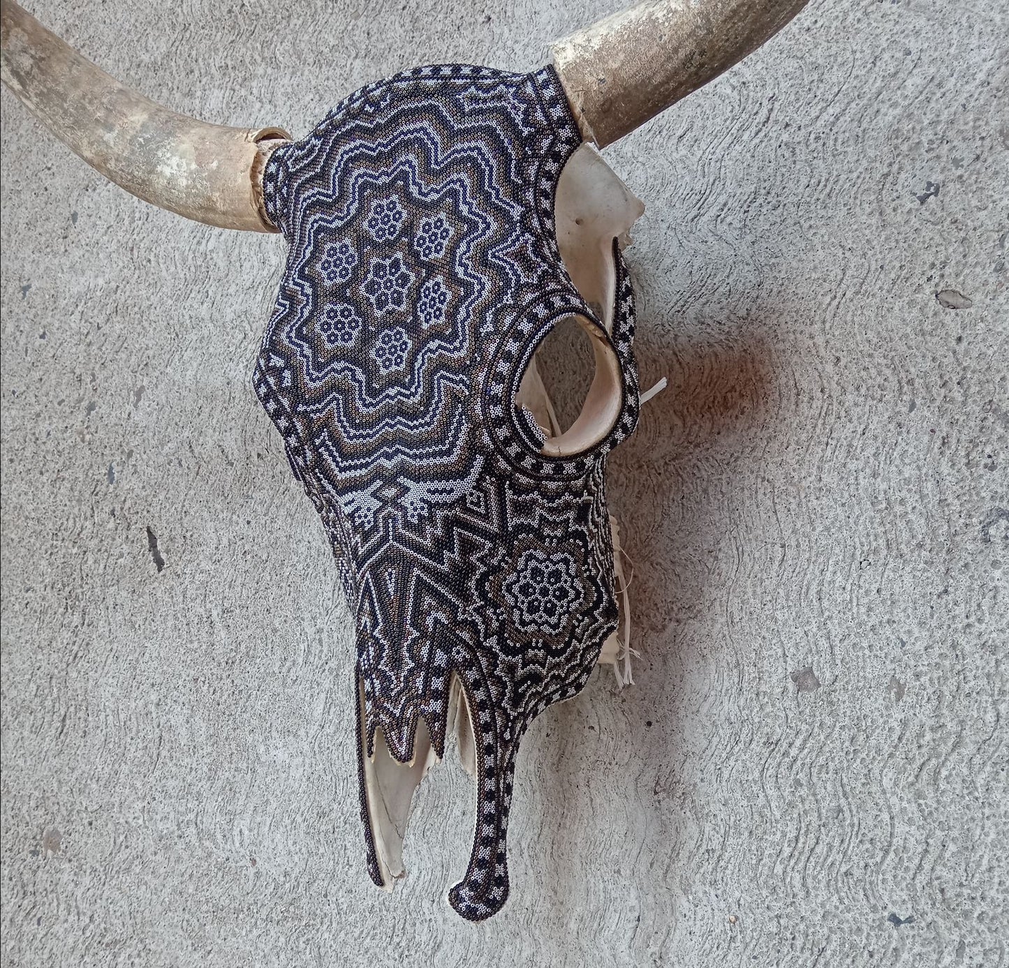 Huichol Indian Hand Beaded Bull Skull By Santos Bautista PP8298