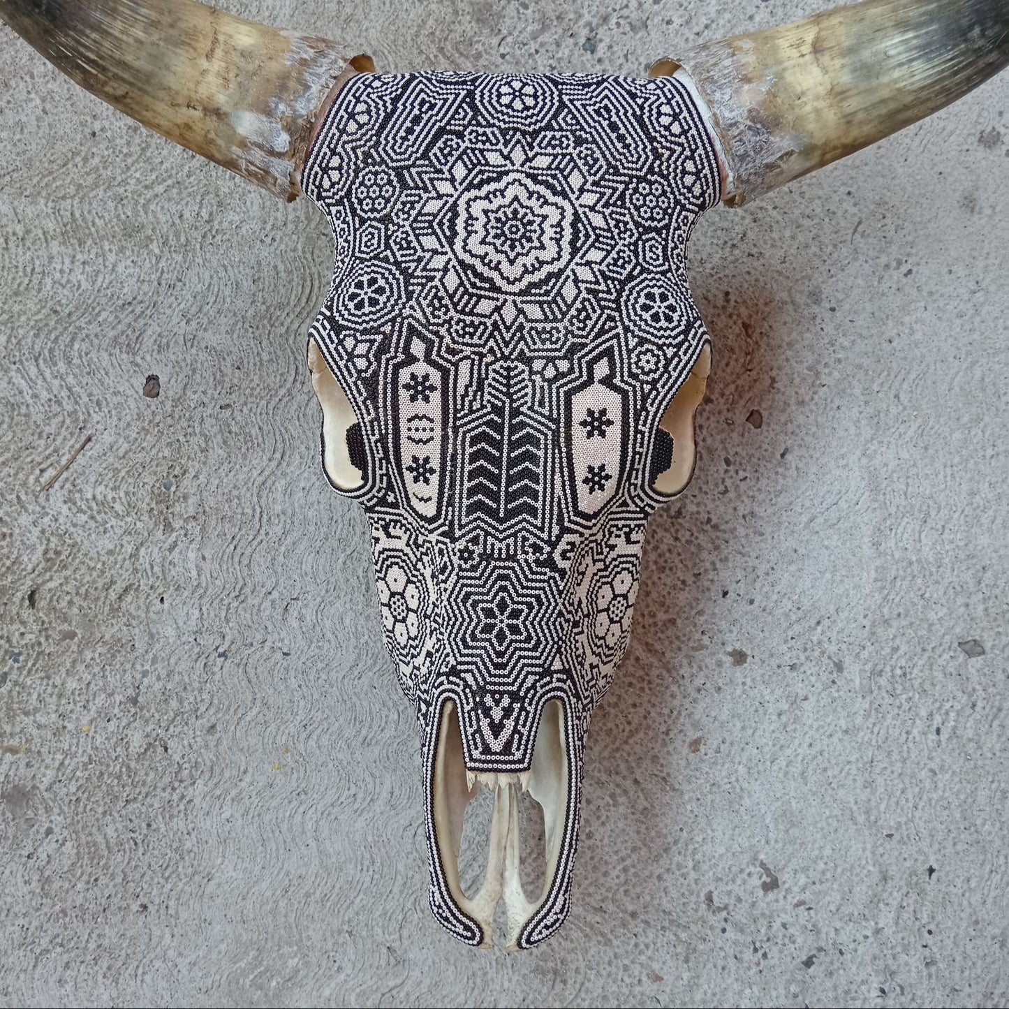 Huichol Bead Art Mexican Folk Art, Bull Skull By Mayola Villa Lopez PP8351
