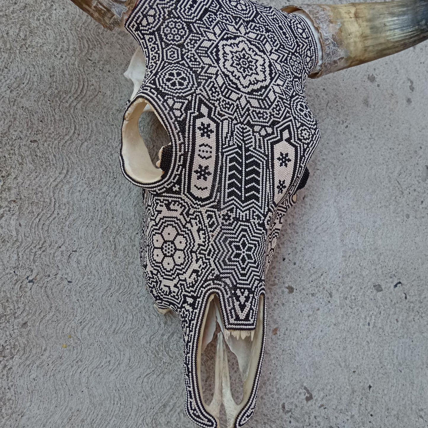 Huichol Bead Art Mexican Folk Art, Bull Skull By Mayola Villa Lopez PP8351