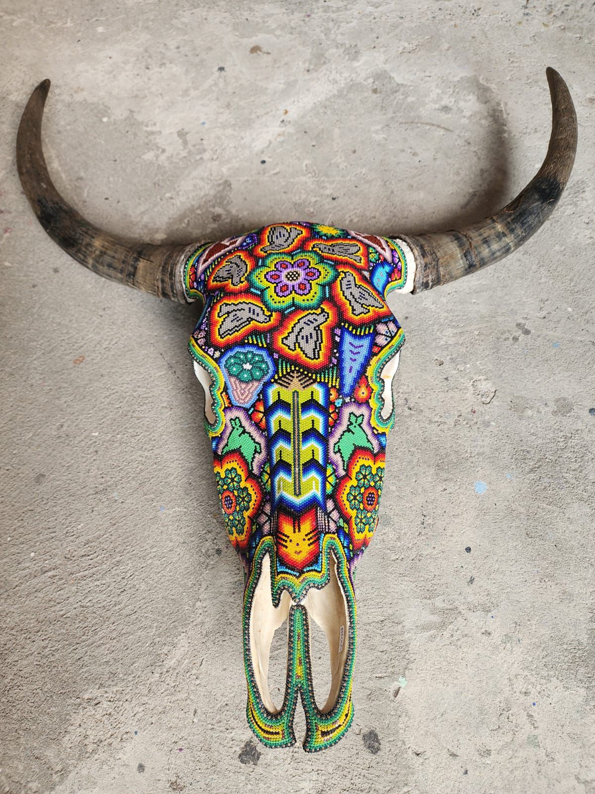 Mexican Folk Art Huichol Hand Beaded Bull Skull By Isandro Villa Lopez PP8353
