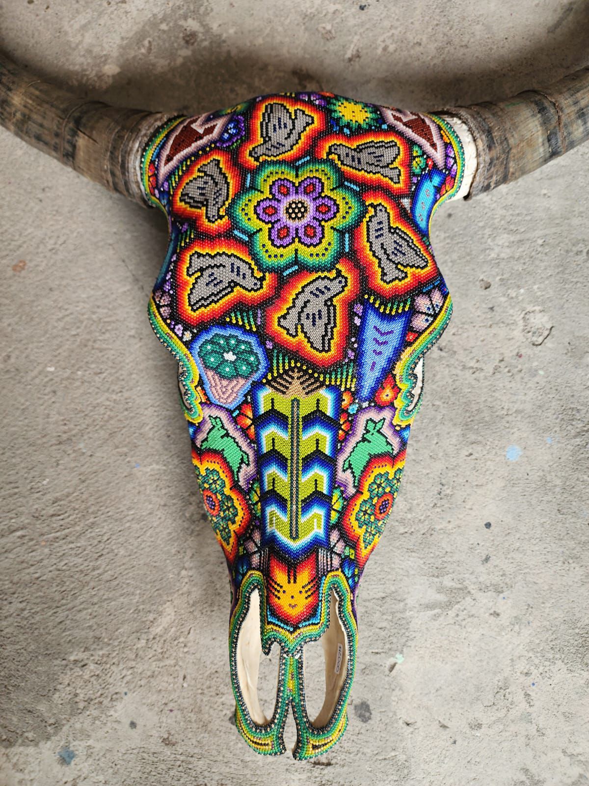 Mexican Folk Art Huichol Hand Beaded Bull Skull By Isandro Villa Lopez PP8353