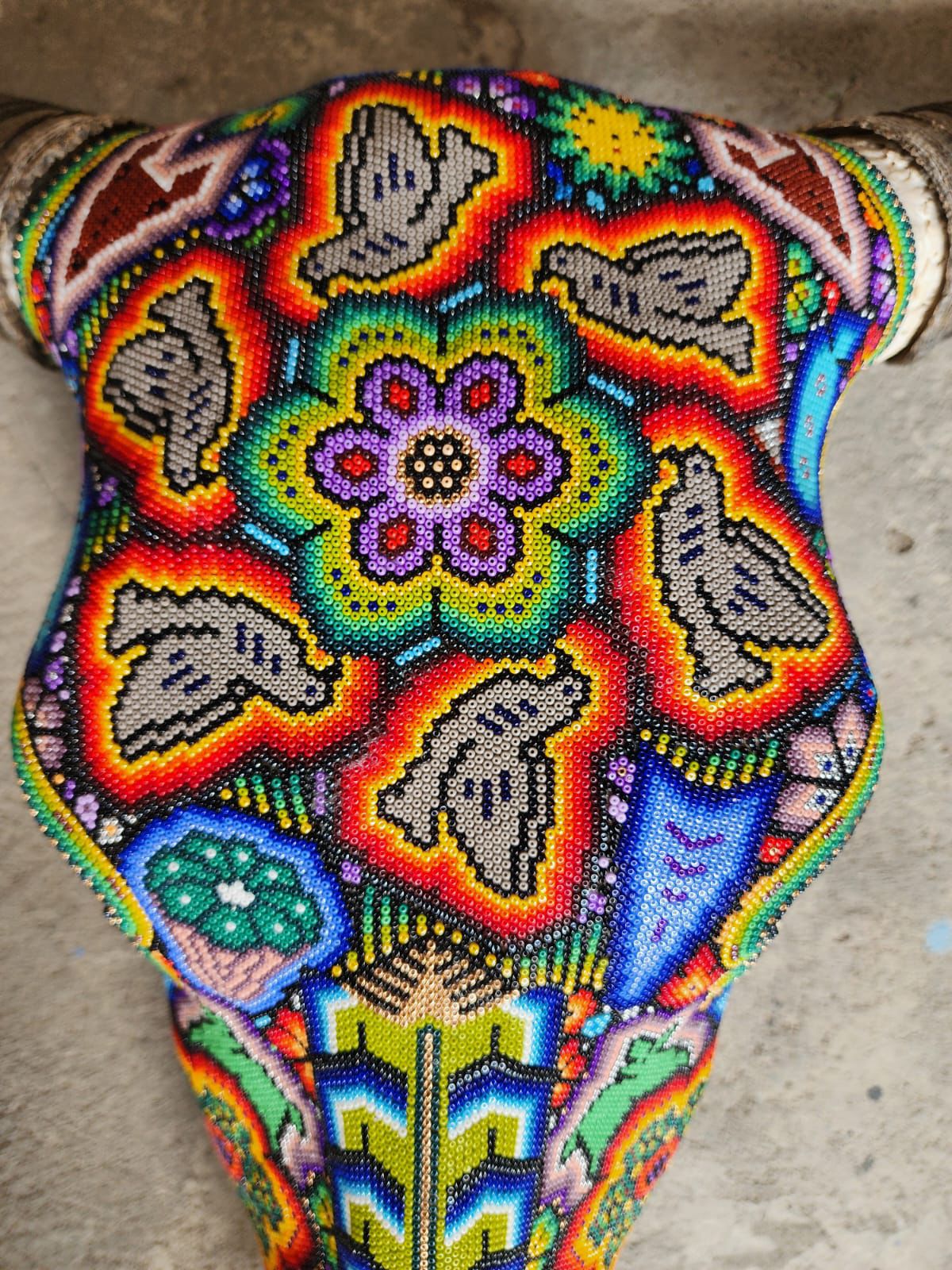 Mexican Folk Art Huichol Hand Beaded Bull Skull By Isandro Villa Lopez PP8353
