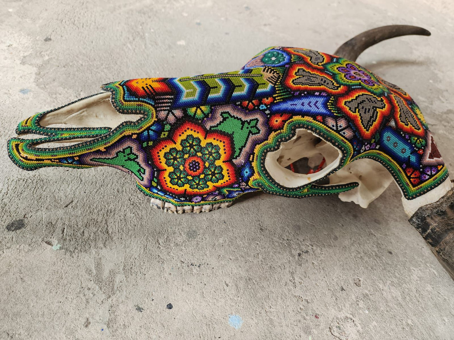 Mexican Folk Art Huichol Hand Beaded Bull Skull By Isandro Villa Lopez PP8353