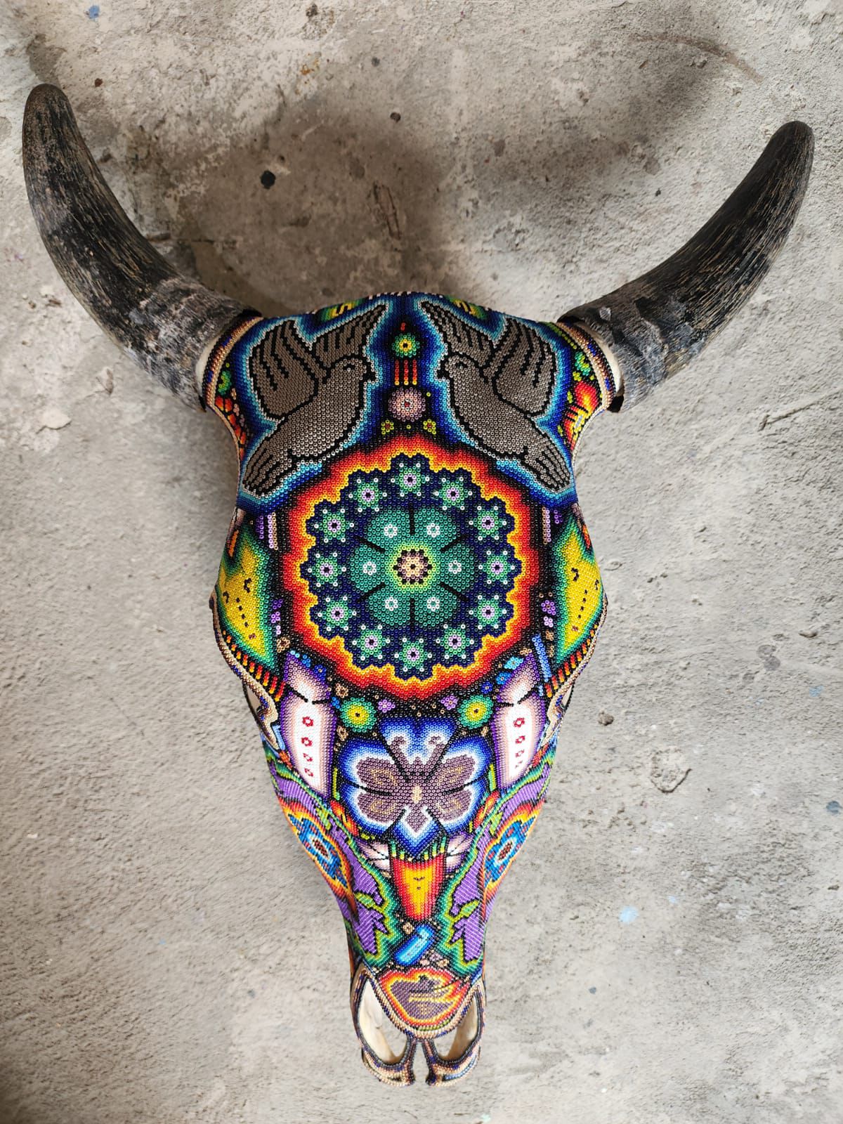 Mexican Folk Art Huichol Hand Beaded Bull Skull By Isandro Villa Lopez PP8354