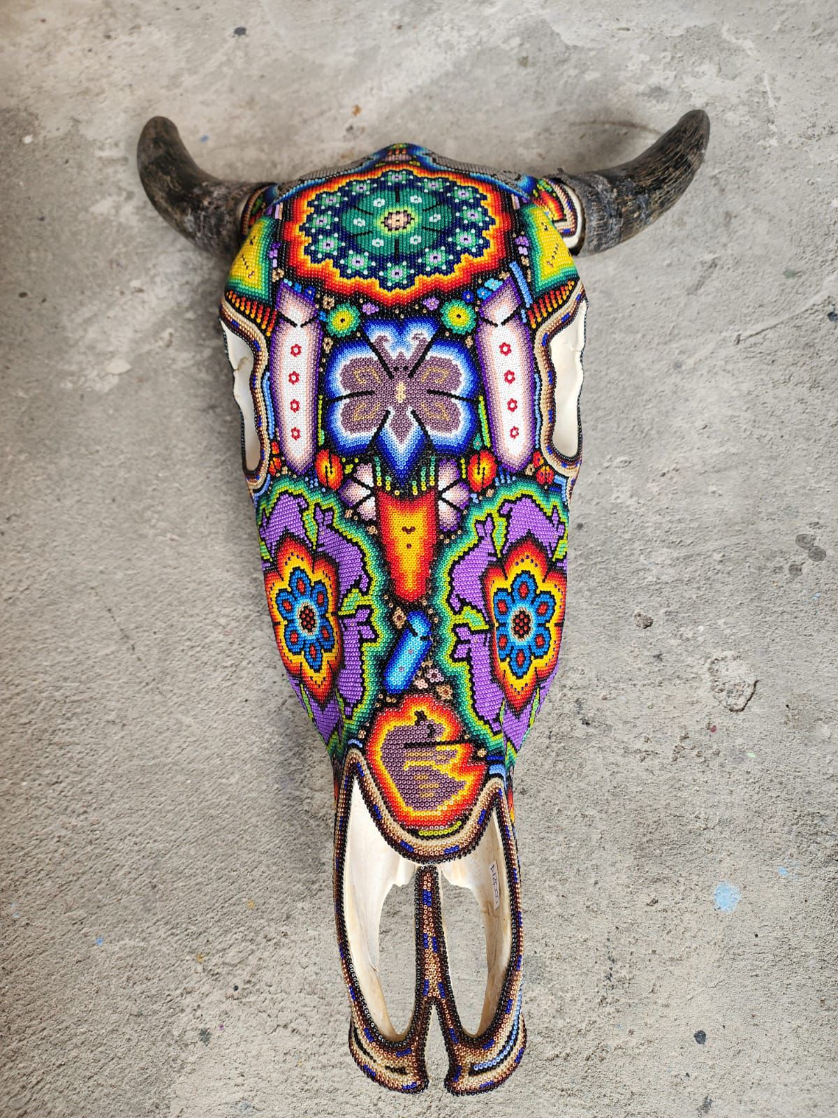 Mexican Folk Art Huichol Hand Beaded Bull Skull By Isandro Villa Lopez PP8354
