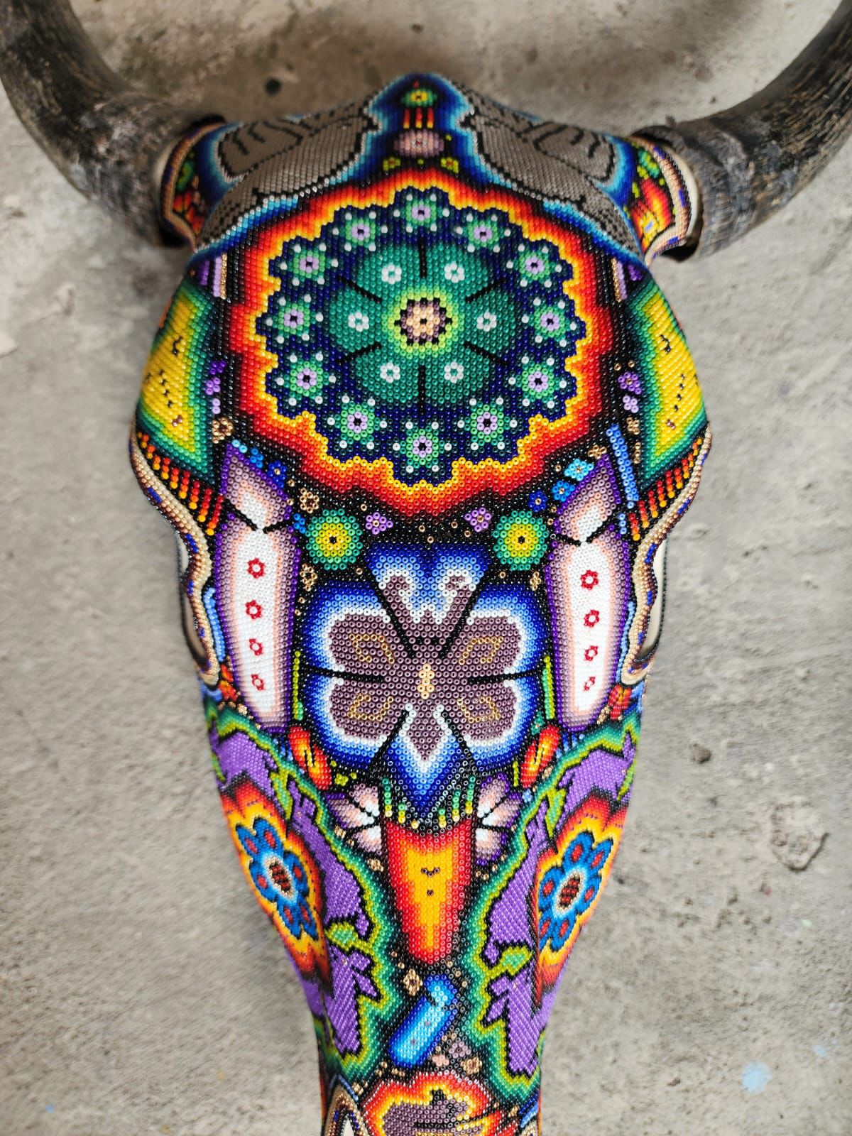 Mexican Folk Art Huichol Hand Beaded Bull Skull By Isandro Villa Lopez PP8354