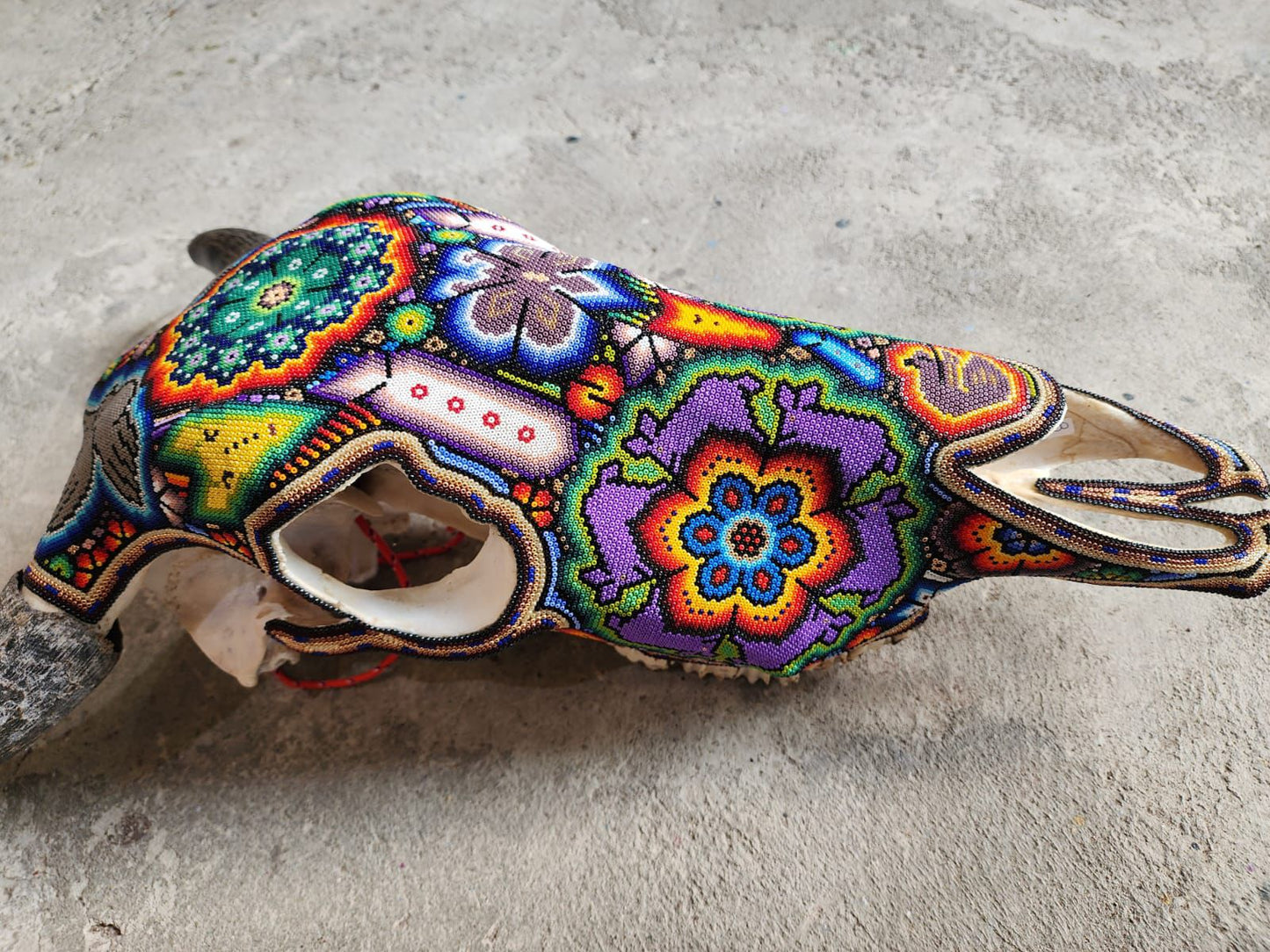 Mexican Folk Art Huichol Hand Beaded Bull Skull By Isandro Villa Lopez PP8354