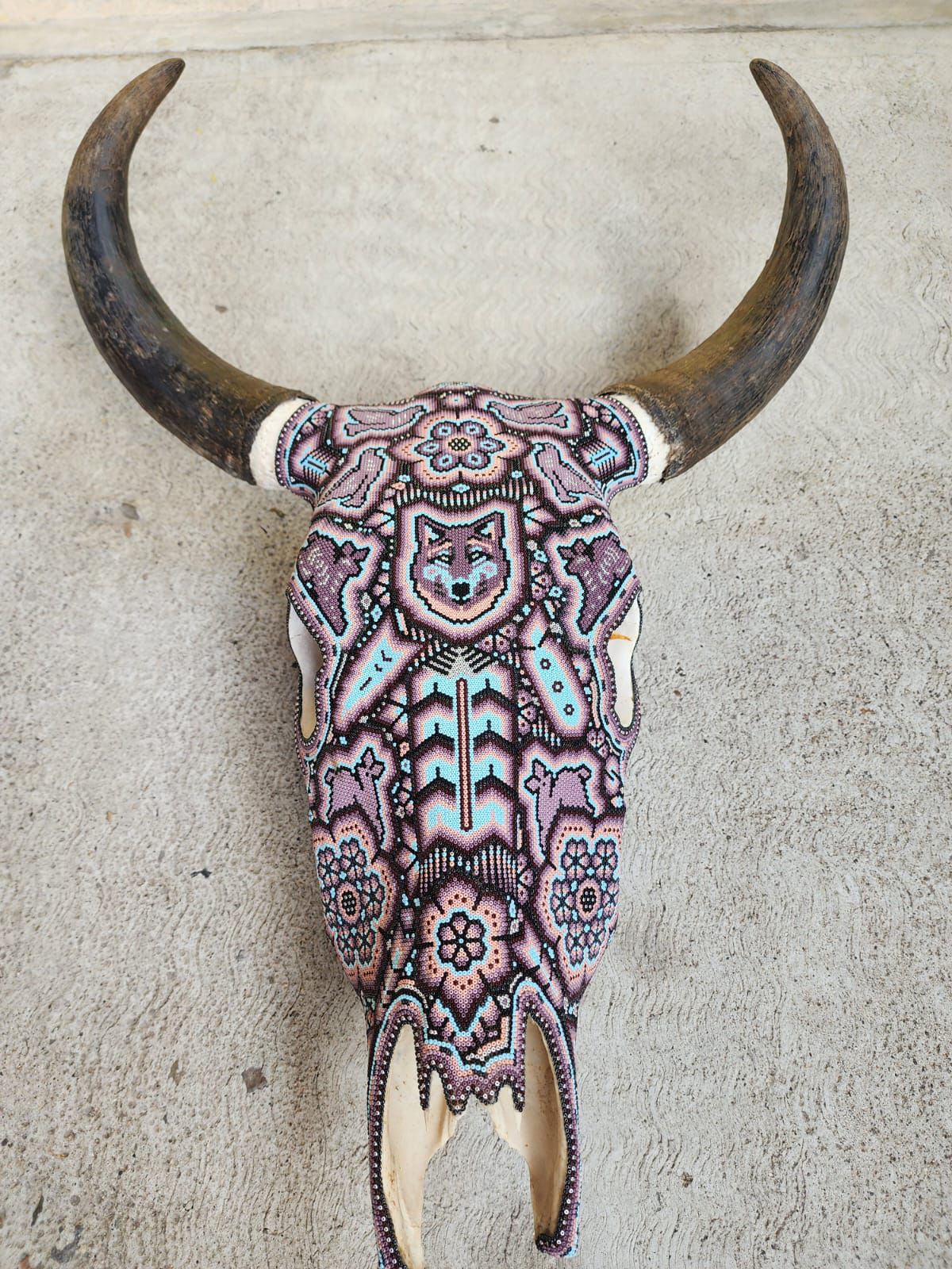 Mexican Folk Art Huichol Hand Beaded Bull Skull By Isandro Villa Lopez PP8355