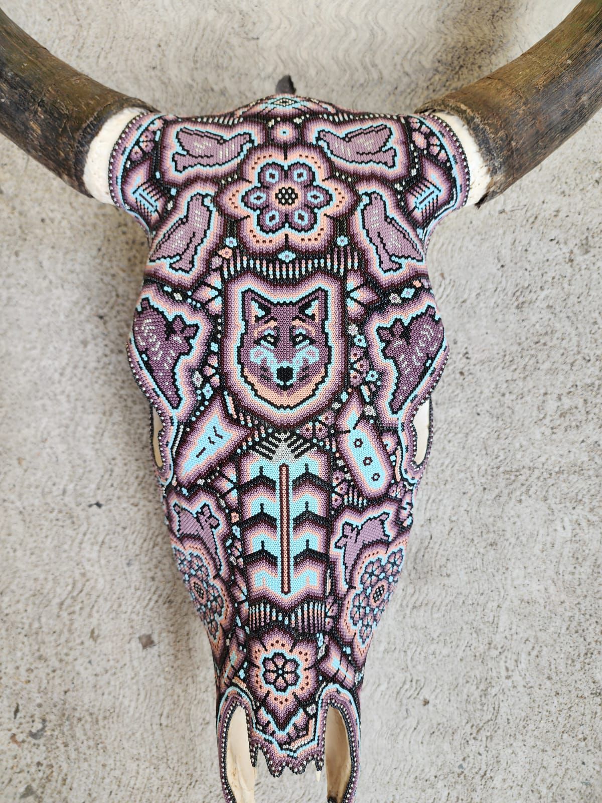 Mexican Folk Art Huichol Hand Beaded Bull Skull By Isandro Villa Lopez PP8355