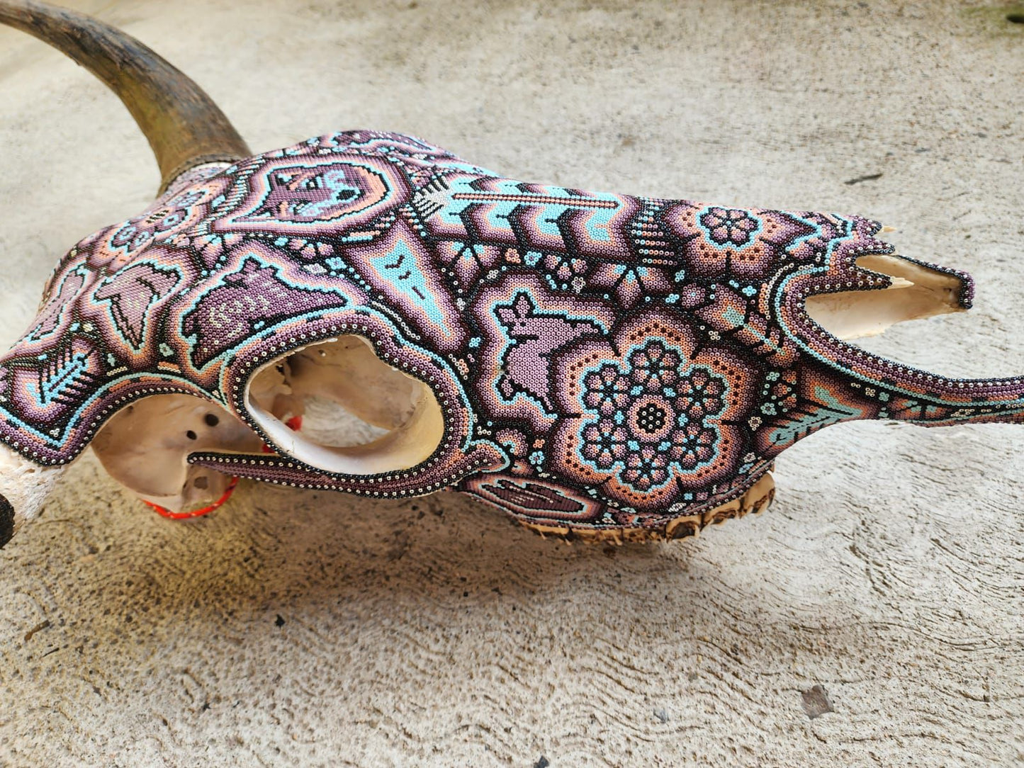 Mexican Folk Art Huichol Hand Beaded Bull Skull By Isandro Villa Lopez PP8355
