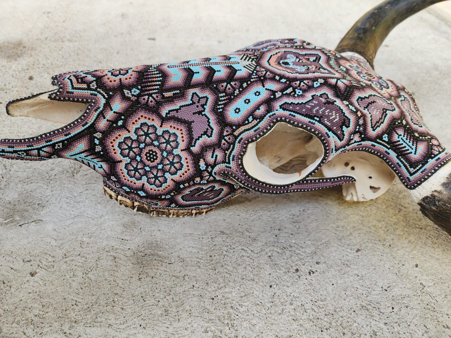 Mexican Folk Art Huichol Hand Beaded Bull Skull By Isandro Villa Lopez PP8355