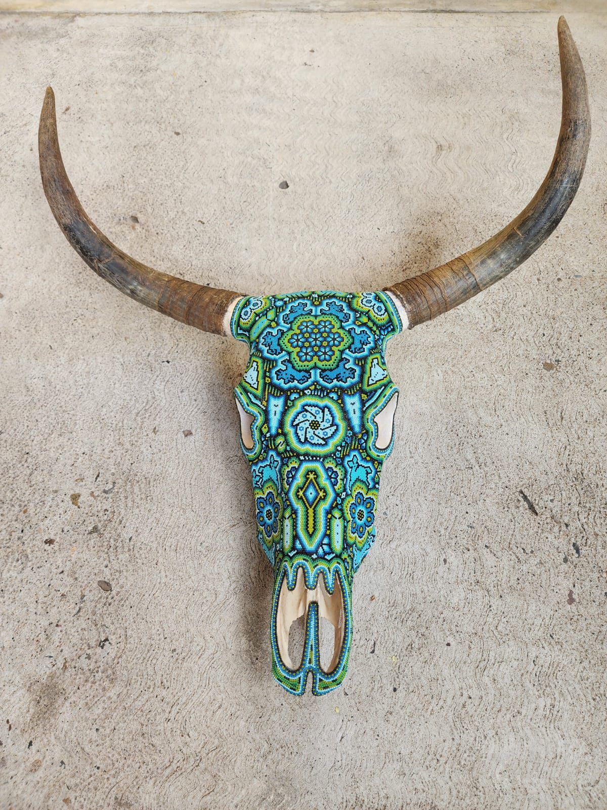 Mexican Folk Art Huichol Hand Beaded Bull Skull By Isandro Villa Lopez PP8356