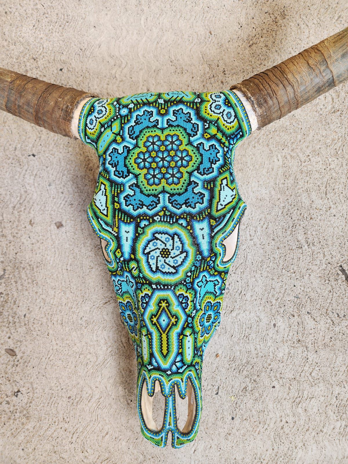 Mexican Folk Art Huichol Hand Beaded Bull Skull By Isandro Villa Lopez PP8356