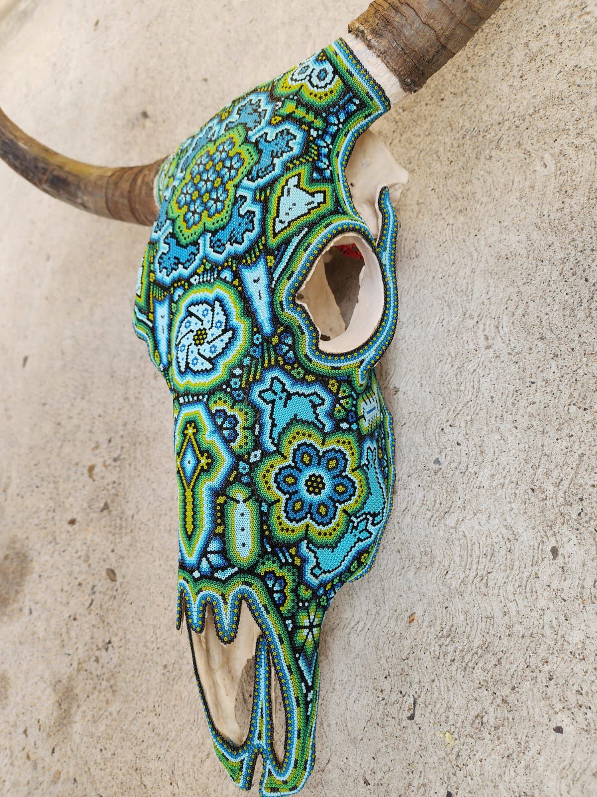 Mexican Folk Art Huichol Hand Beaded Bull Skull By Isandro Villa Lopez PP8356