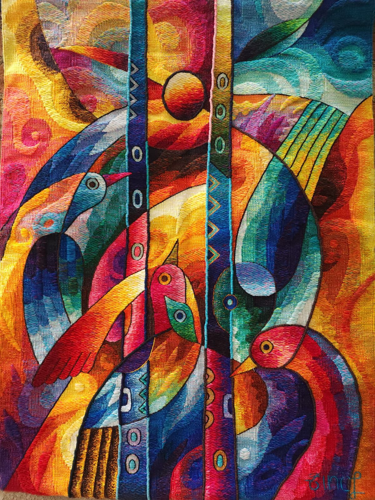 Hand Woven Alpaca Fiber Tapestry " Your Heart is Like a Bird Song" By Constantino Laura PP8368