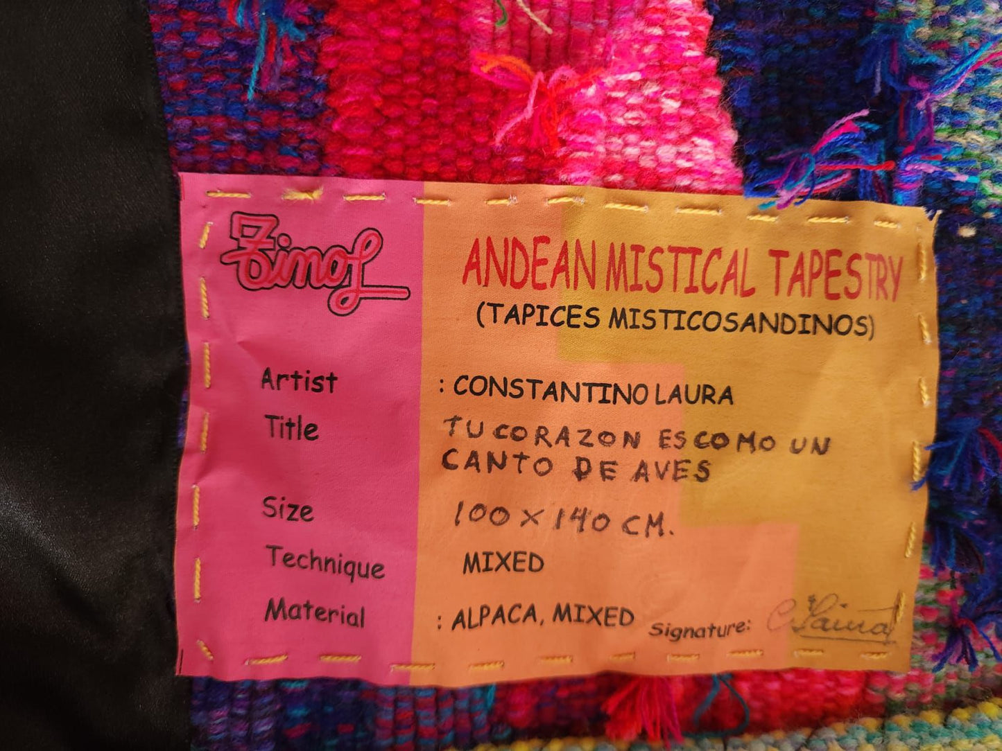 Hand Woven Alpaca Fiber Tapestry " Your Heart is Like a Bird Song" By Constantino Laura PP8368