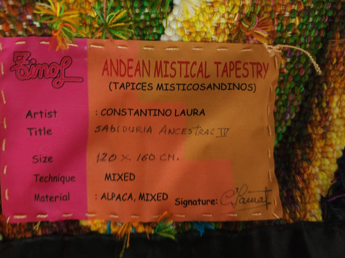 Hand Woven Alpaca Fiber Tapestry " Ancestral Wisdom IV" By Constantino Laura PP8372