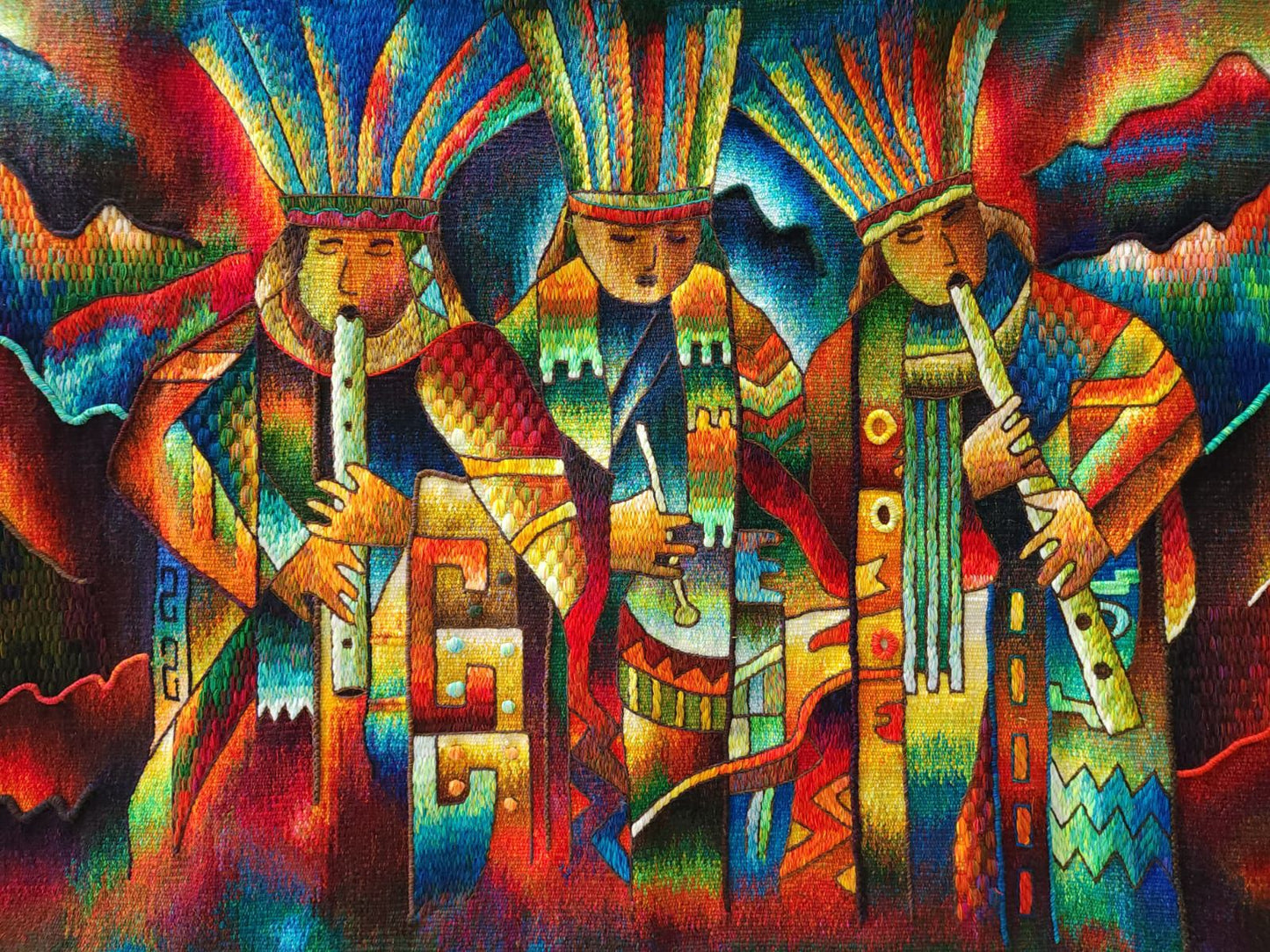 Hand Woven Alpaca Fiber Tapestry " Musicians Of The Wind" By Constantino Laura PP8373