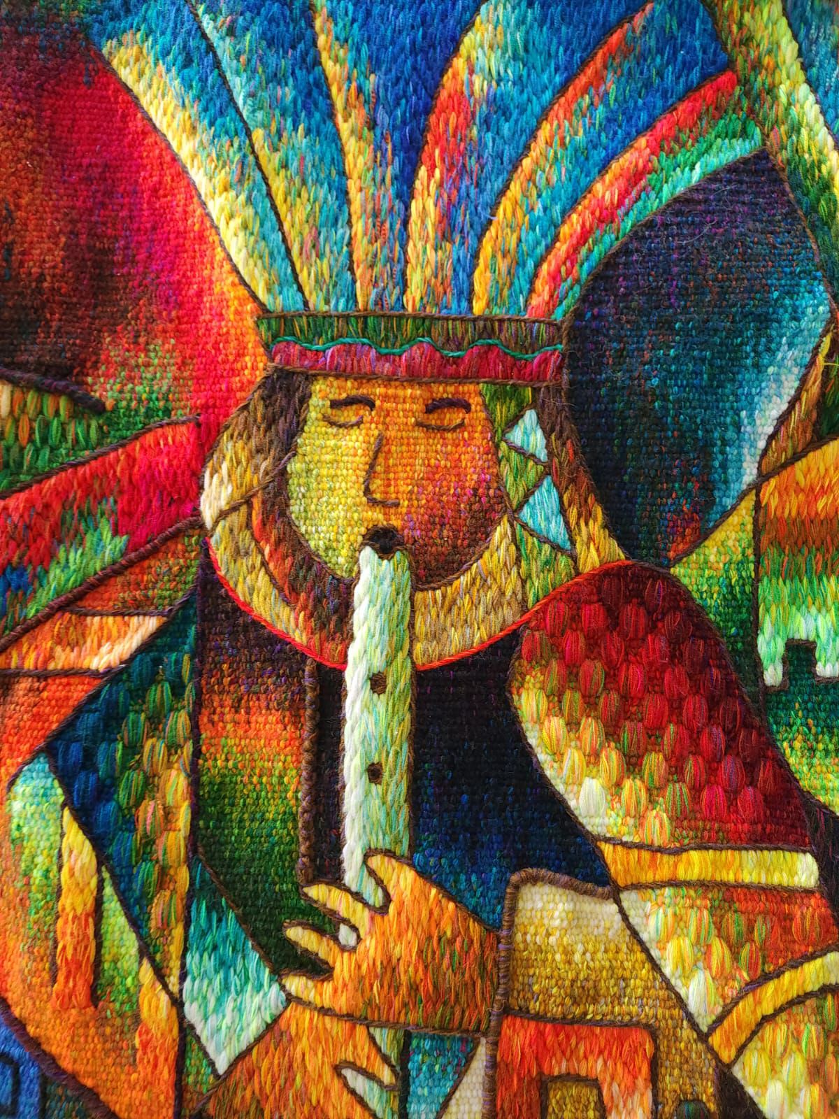 Hand Woven Alpaca Fiber Tapestry " Musicians Of The Wind" By Constantino Laura PP8373