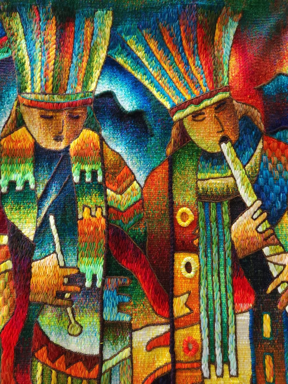 Hand Woven Alpaca Fiber Tapestry " Musicians Of The Wind" By Constantino Laura PP8373