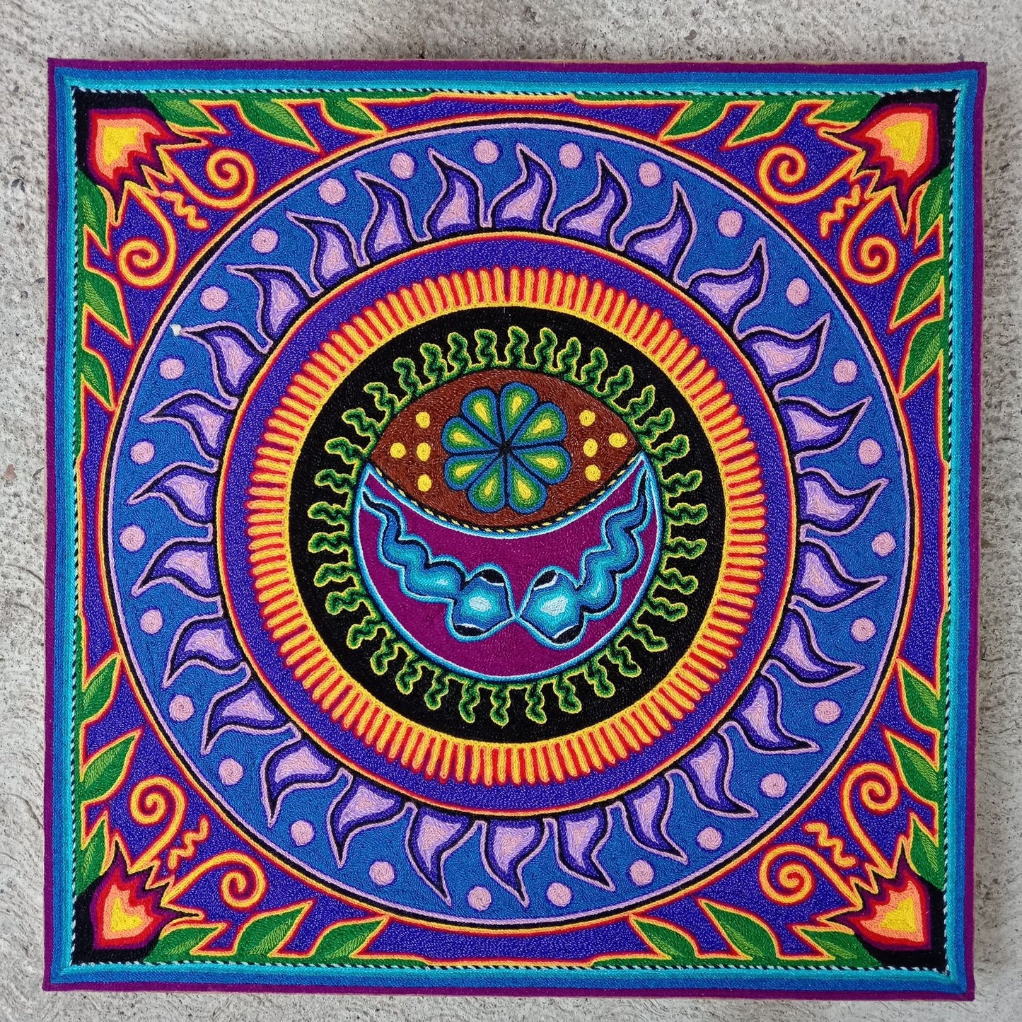 Mexican Folk Art Huichol Yarn Painting by Cooperativa Zitacua PP8432 Oaxaca