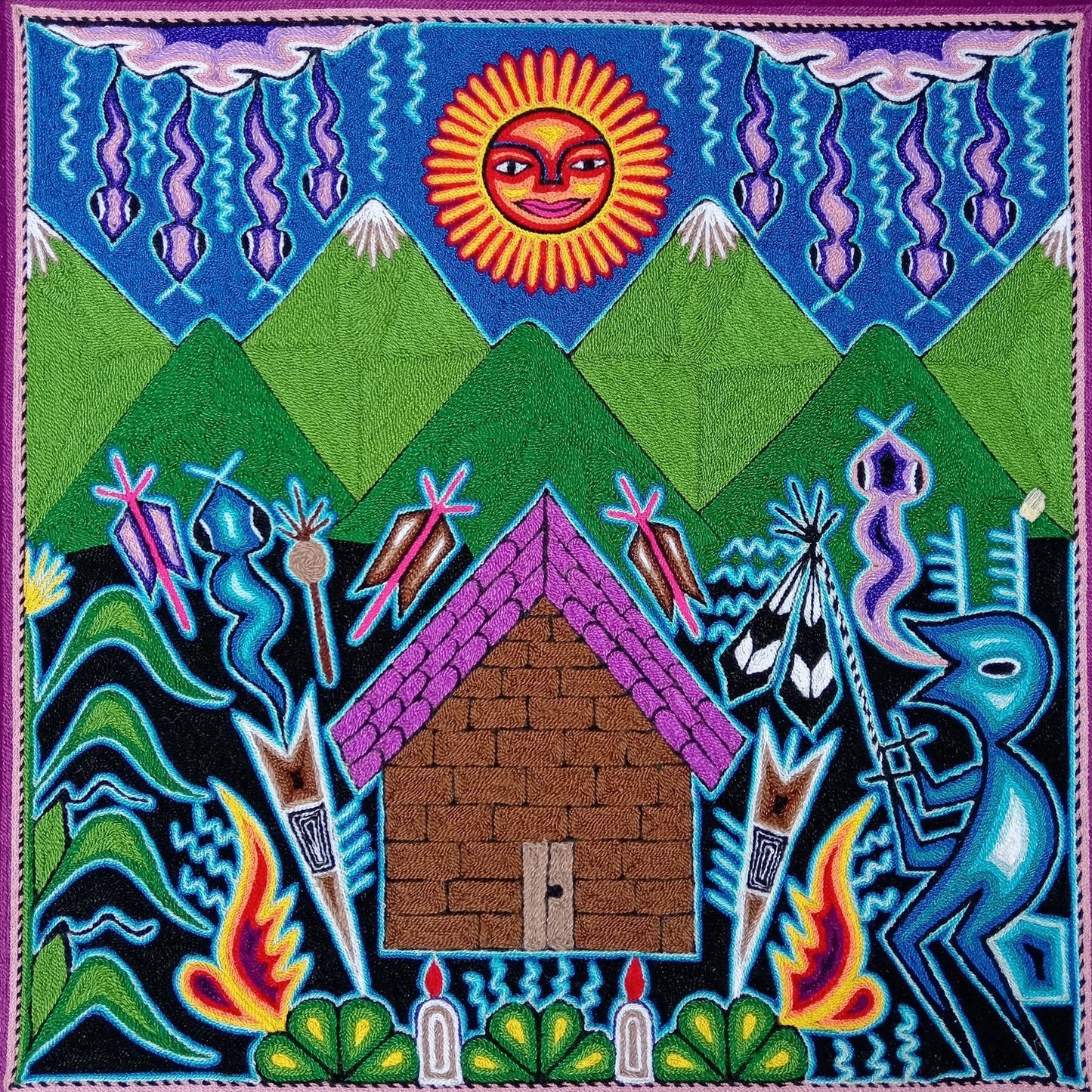 Mexican Folk Art Huichol Yarn Painting by Cooperativa Zitacua PP8433 Oaxaca