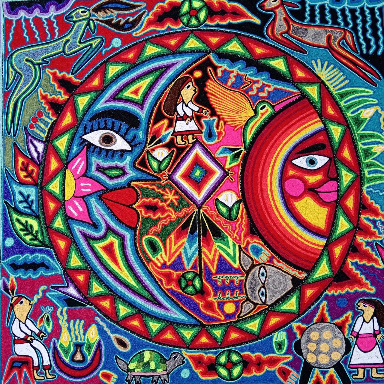 Tepehuano Yarn Painting Mexican Folk Art By Bautista Family PP8442