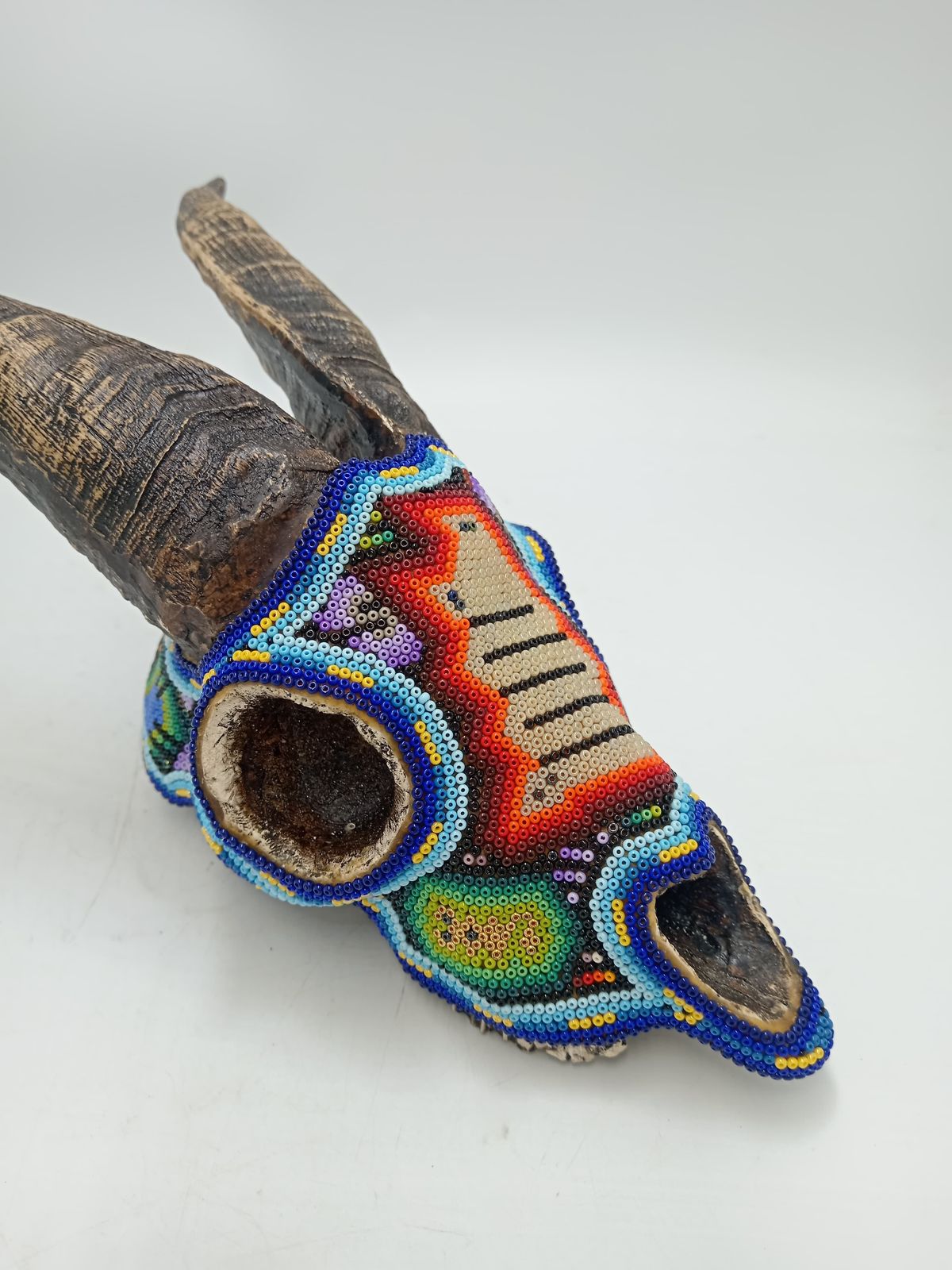 Beaded Huichol Mexican Folk Art Goat Skull By Mayola Villa Lopez PP8645