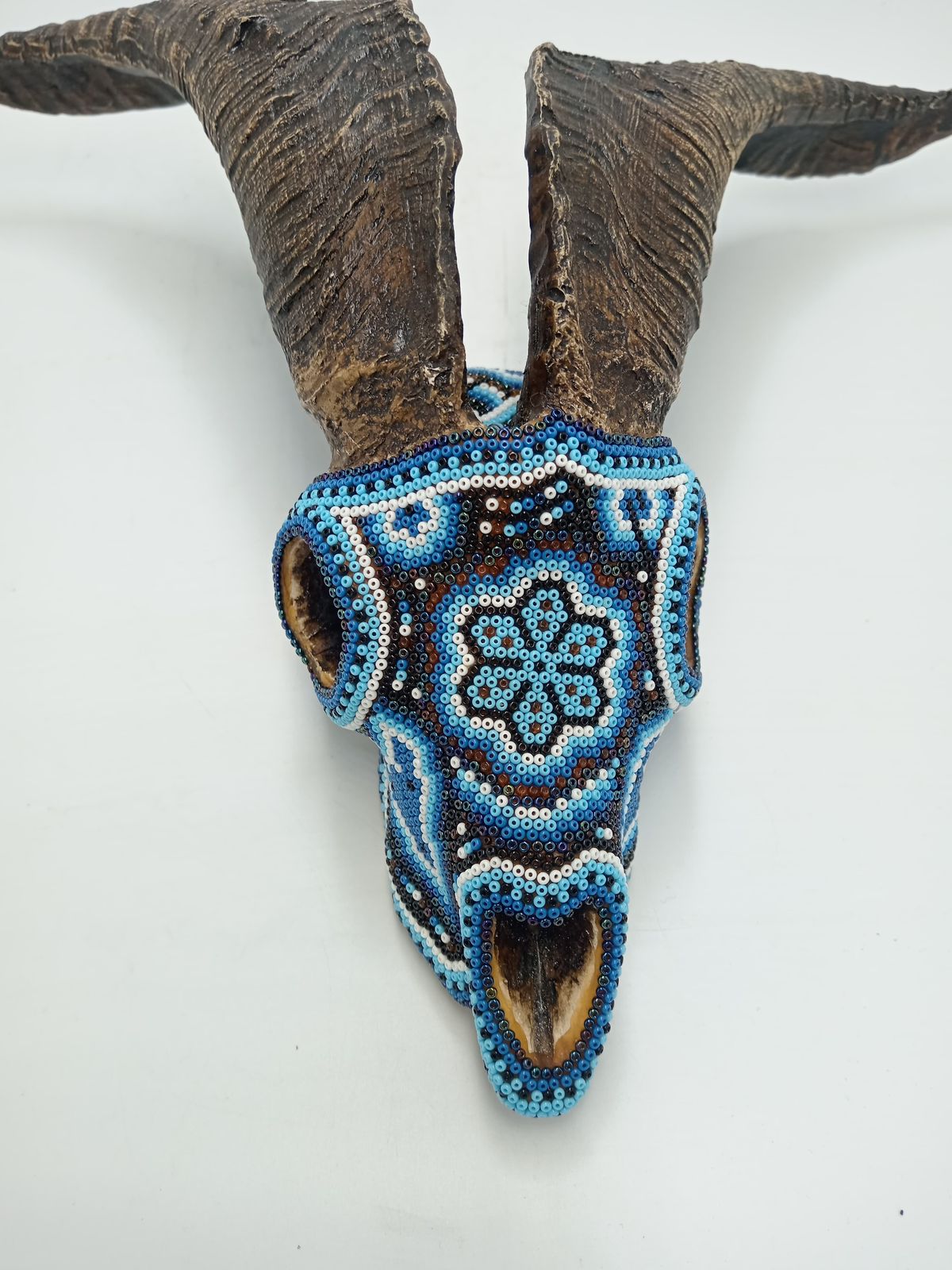 Beaded Huichol Mexican Folk Art Goat Skull By Mayola Villa Lopez PP8646