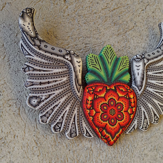 Mexican Huichol Hand Beaded Art, Heart with Wings By Isandro Villa Lopez PP8603