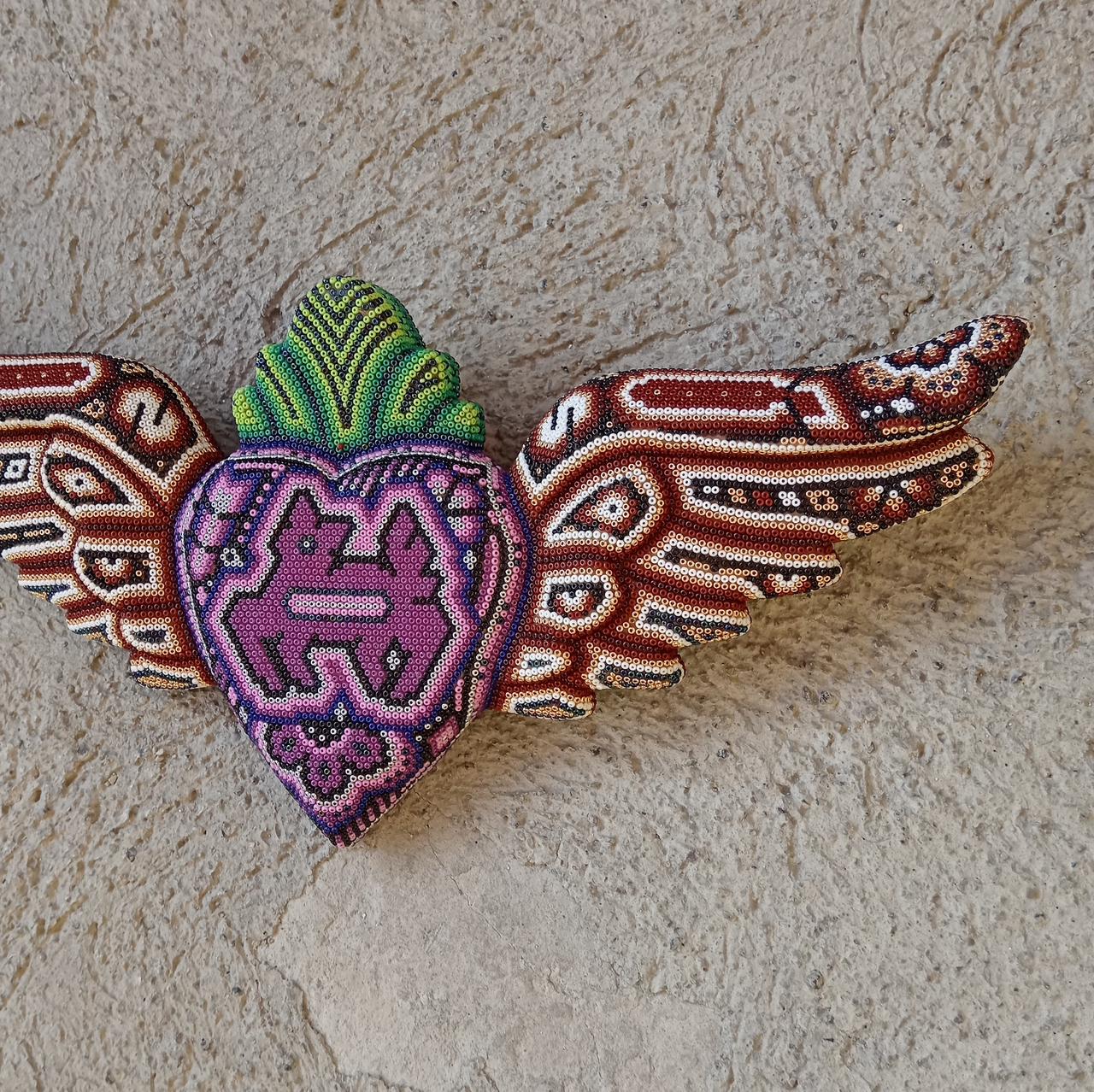 Mexican Huichol Hand Beaded Art, Heart with Wings By Isandro Villa Lopez PP8606