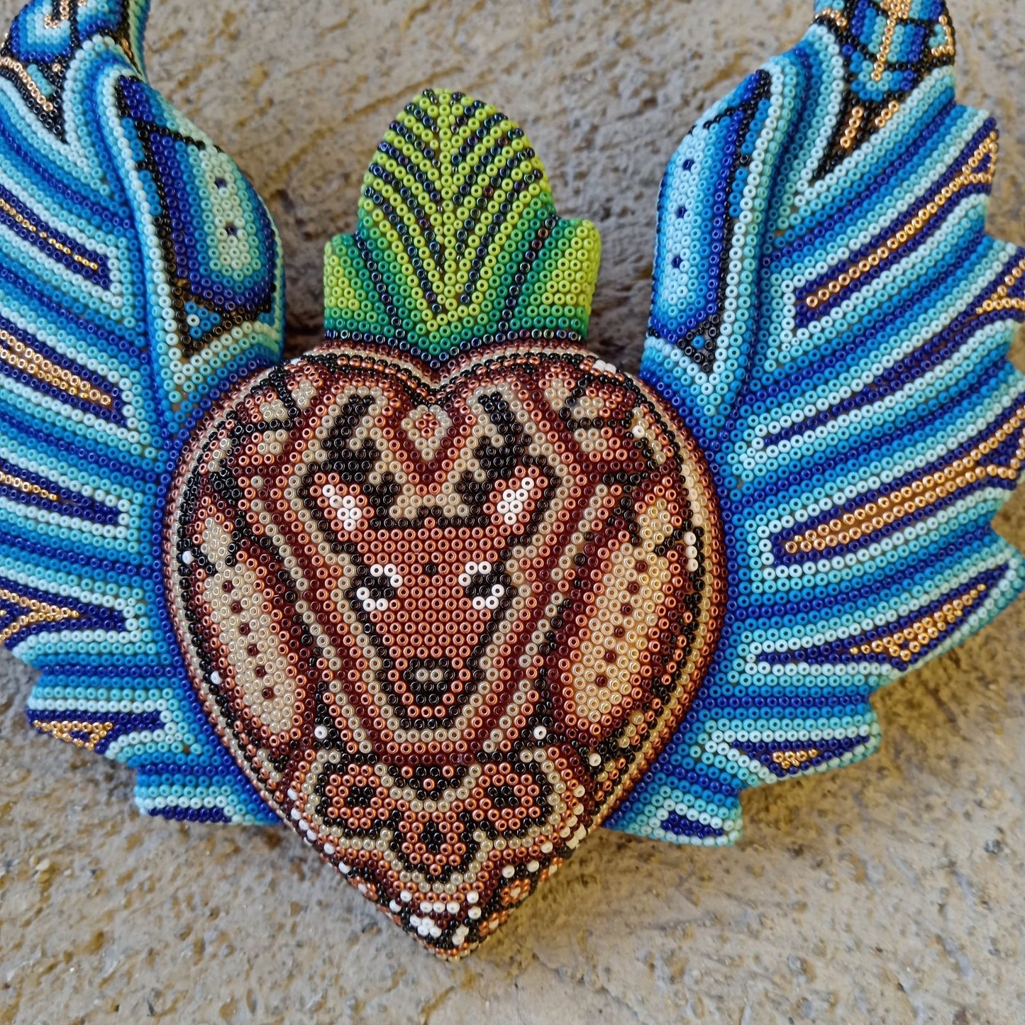 Mexican Huichol Hand Beaded Art, Heart with Wings By Isandro Villa Lopez PP8607 Oaxaca