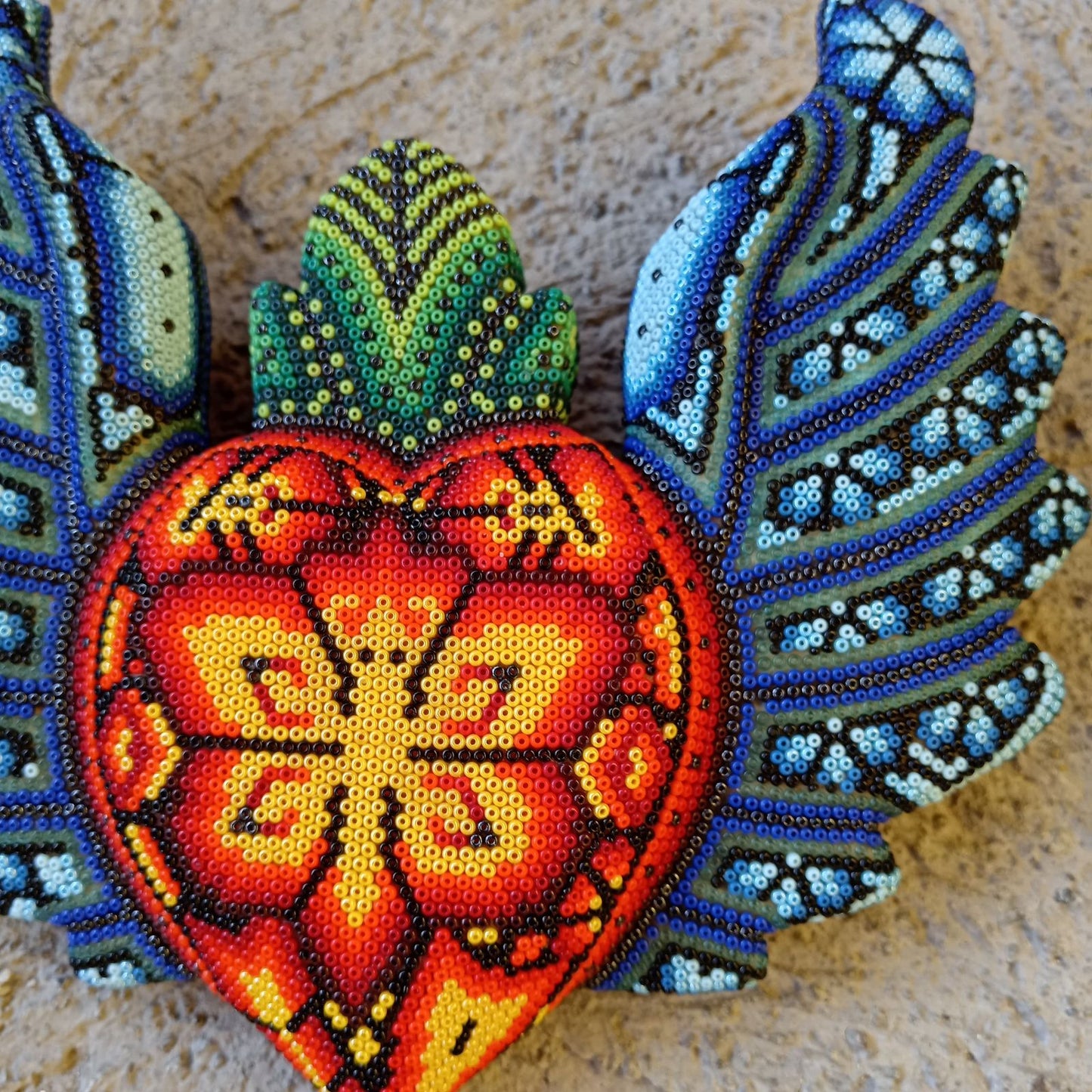 Mexican Huichol Hand Beaded Art, Heart with Wings By Isandro Villa Lopez PP8608
