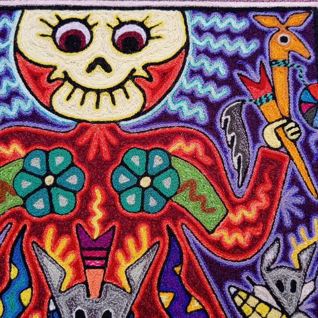 Mexican Folk Art Huichol Indian Yarn Painting by Luis Castro PP8595