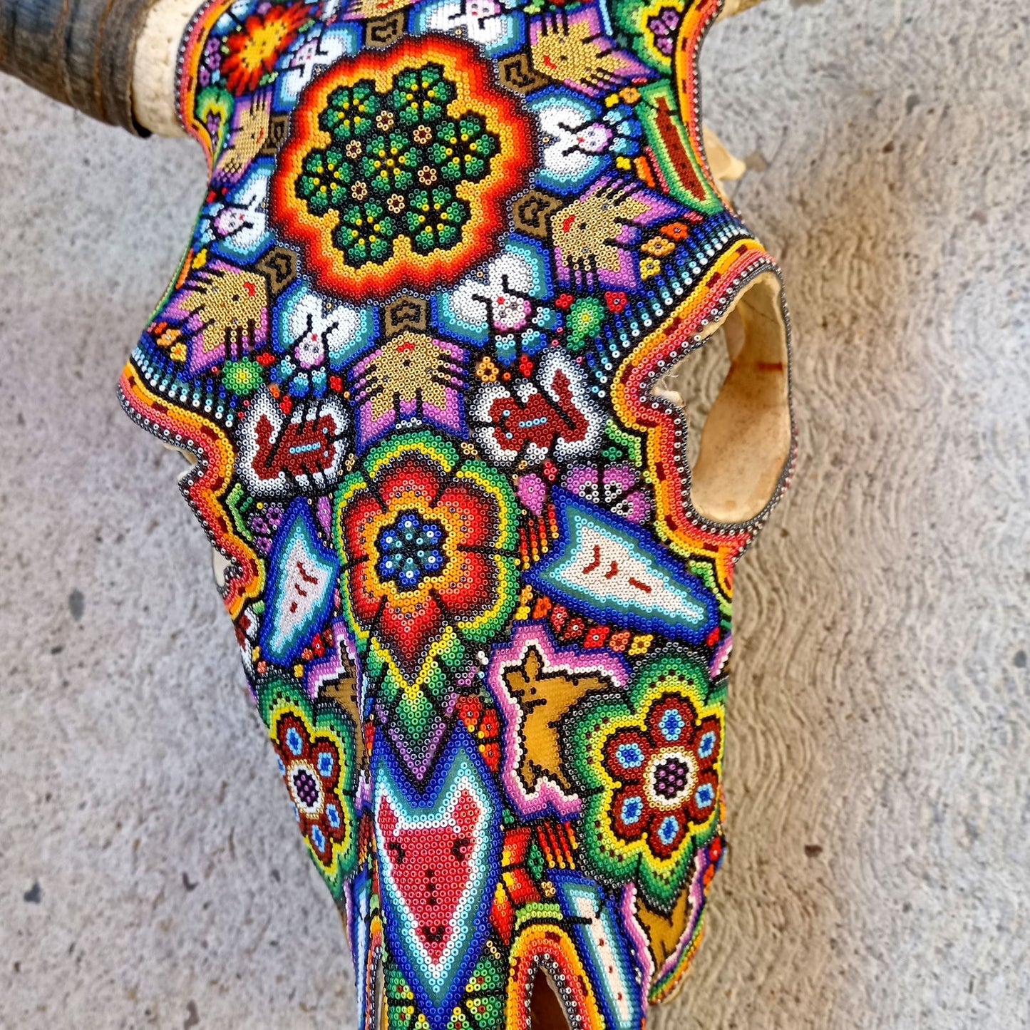 Mexican Folk Art Huichol Hand Beaded Bull Skull By Isandro Villa Lopez PP8672