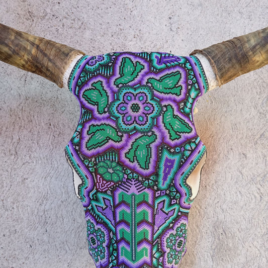 Mexican Folk Art Huichol Hand Beaded Bull Skull By Isandro Villa Lopez PP8674