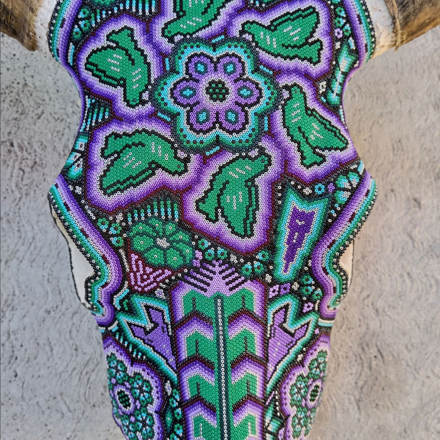 Mexican Folk Art Huichol Hand Beaded Bull Skull By Isandro Villa Lopez PP8674
