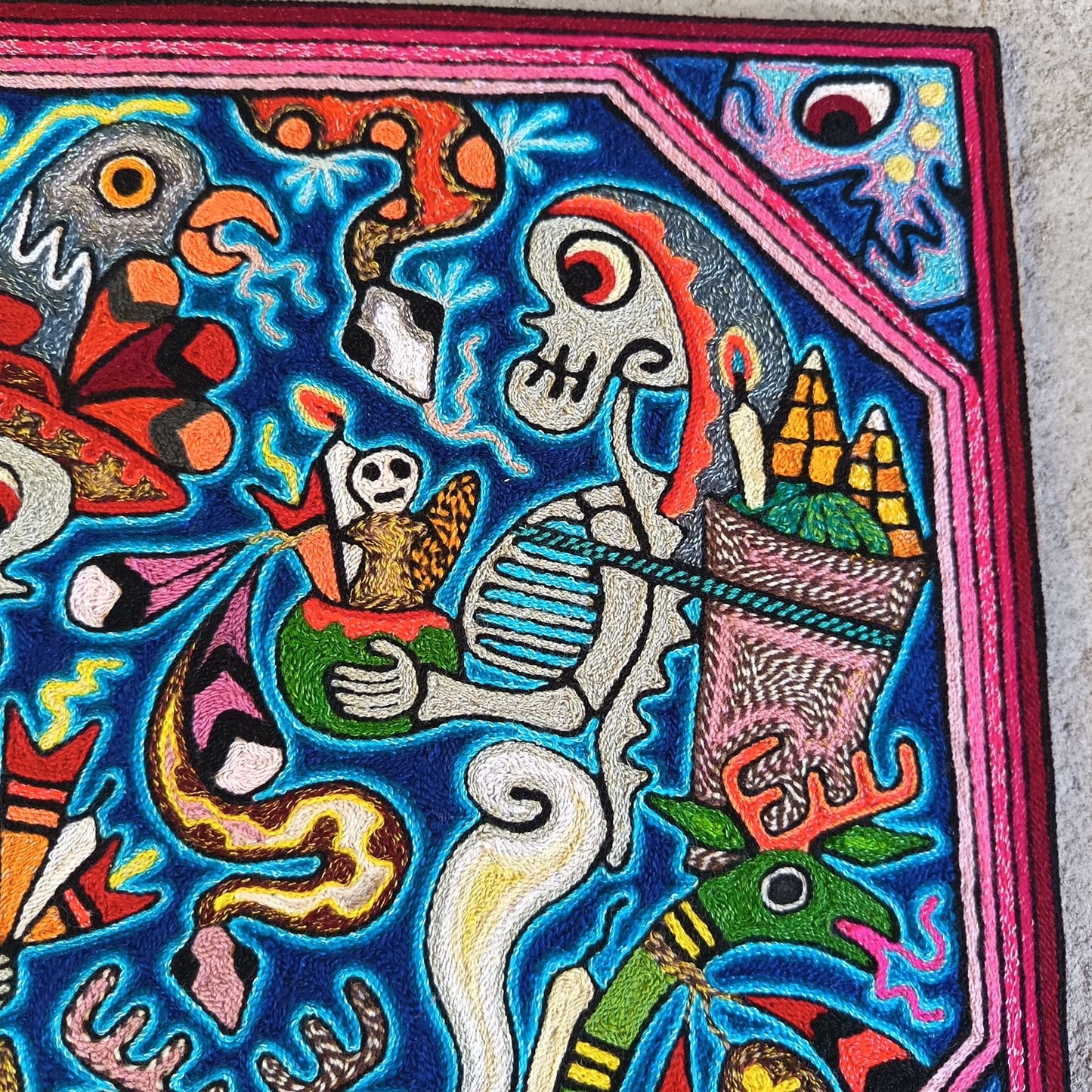 Mexican Folk Art Huichol Indian Yarn Painting by Luis Castro PP8863