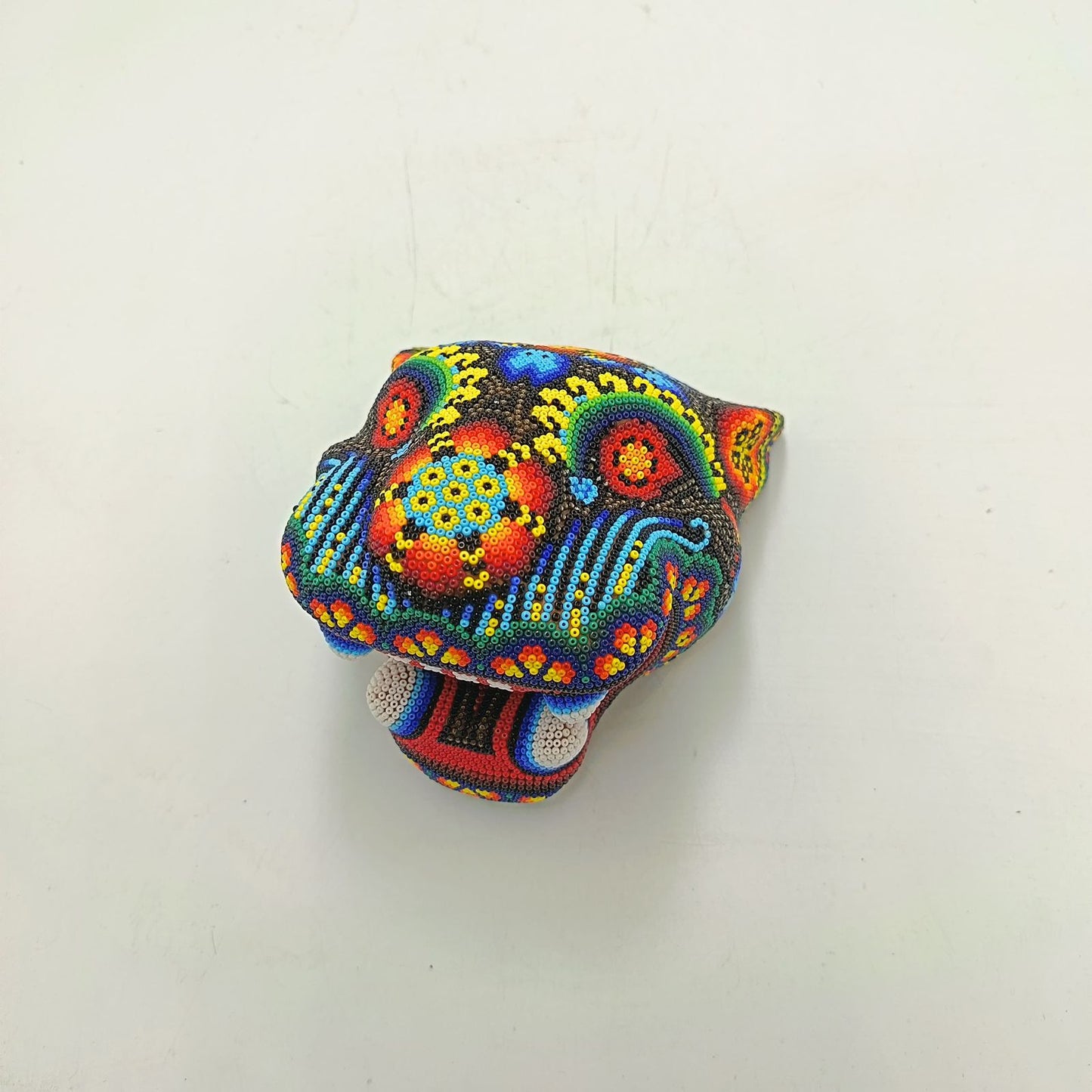Mexican Huichol Hand Beaded Jaguar Head By Santos Bautista PP8850