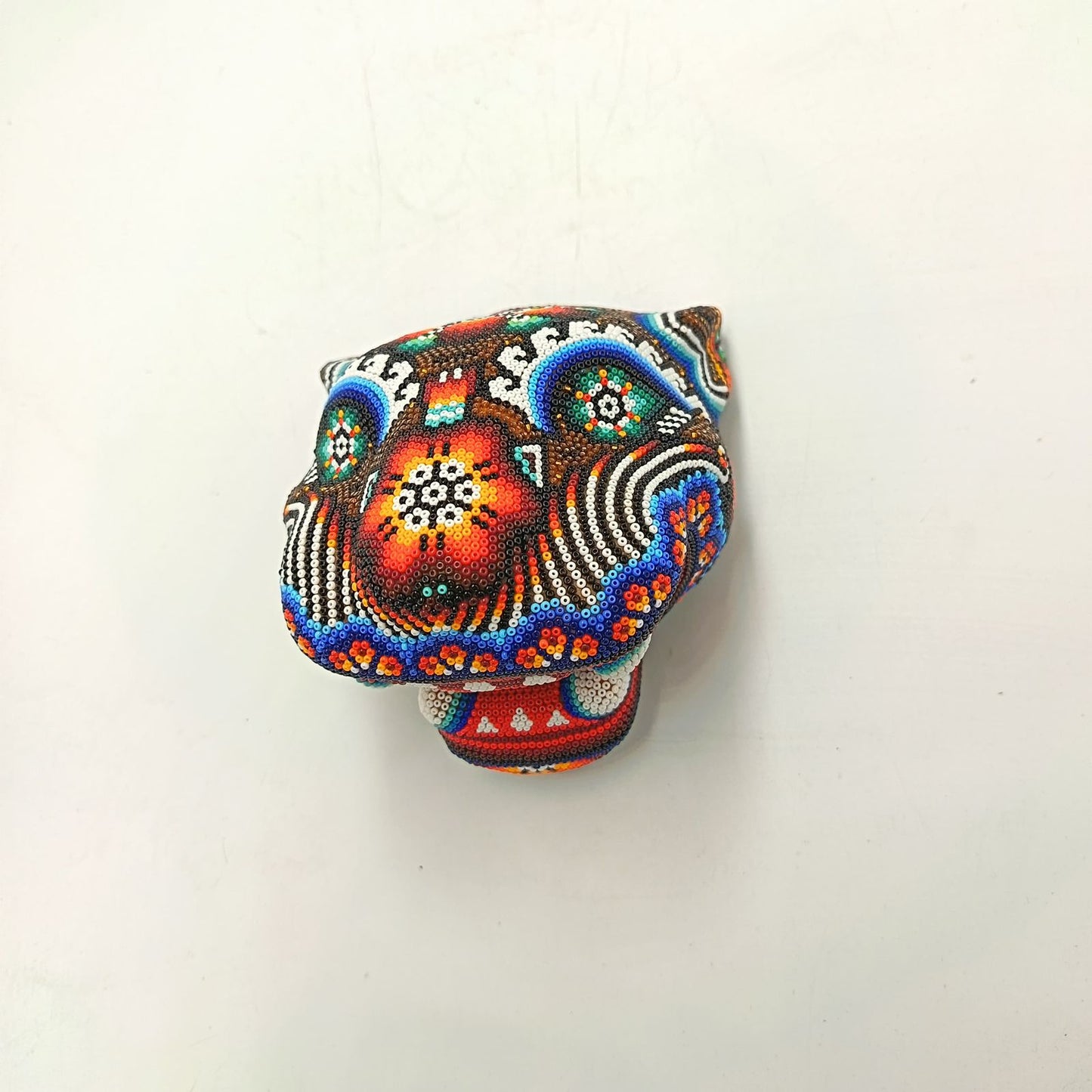 Mexican Huichol Hand Beaded Jaguar Head By Santos Bautista PP8853