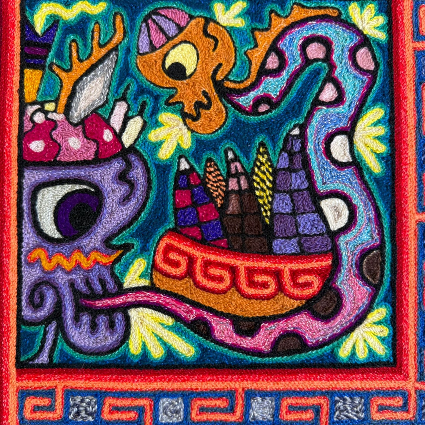 Mexican Folk Art Huichol Indian Yarn Painting by Luis Castro PP8953