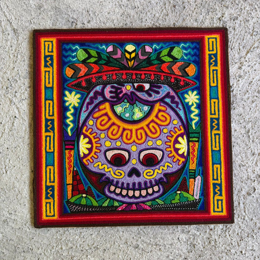 Mexican Folk Art Huichol Indian Yarn Painting by Luis Castro PP8954