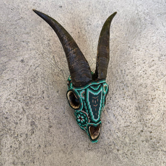 Beaded Huichol Mexican Folk Art Goat Skull By Mayola Villa Lopez PP8964