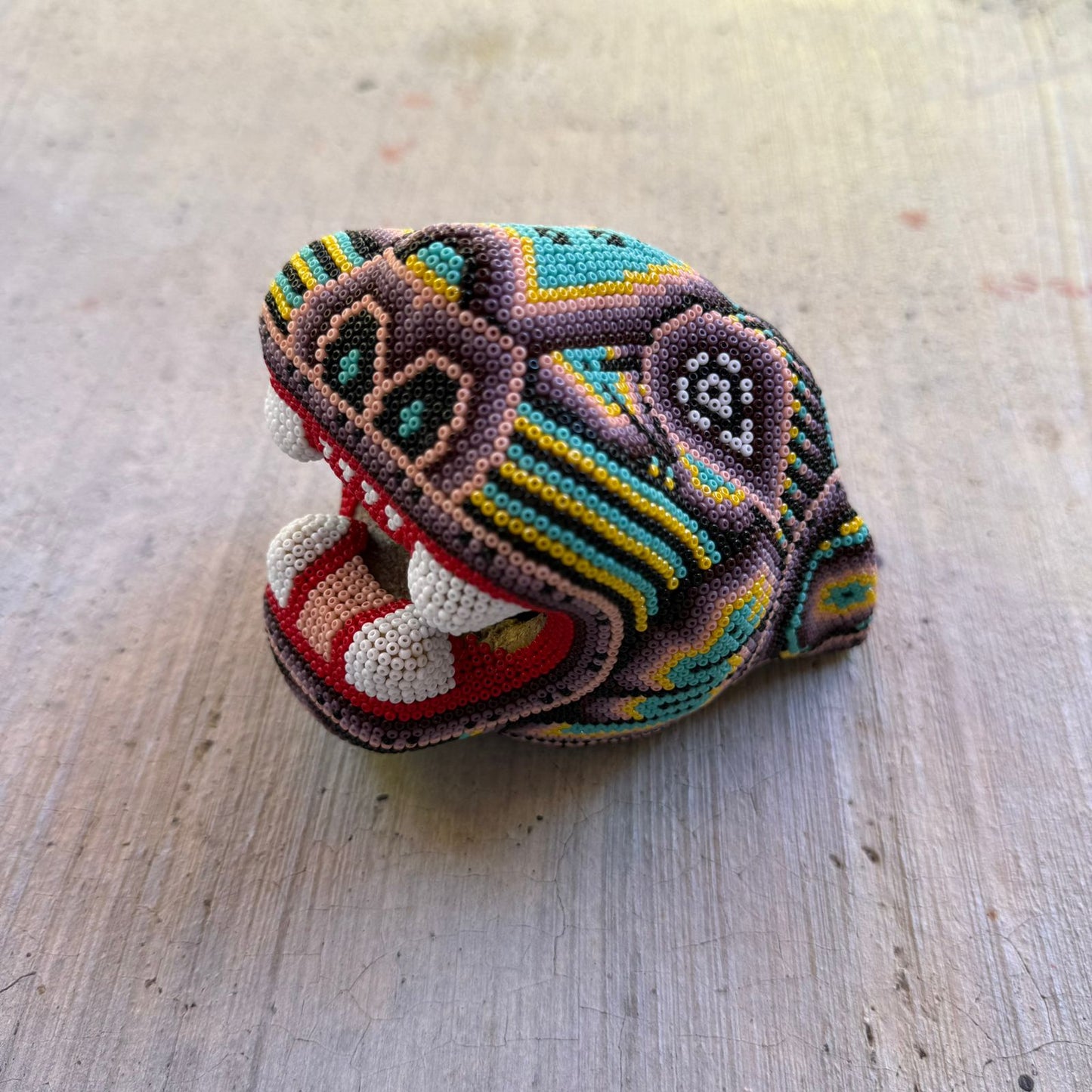 Mexican Folk Art Huichol Beaded Jaguar Head By Mayola Villa Lopez PP8984