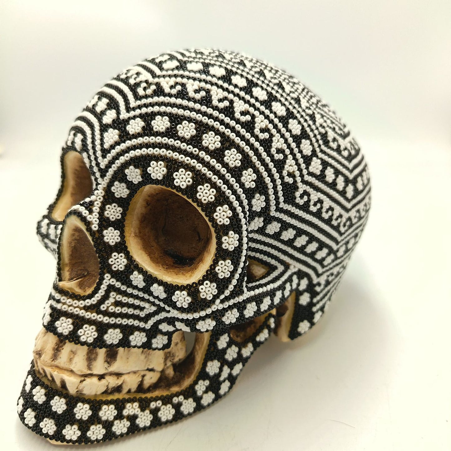 Huichol Hand Beaded Cast Resin Human Skull By Santos Bautita PP9050