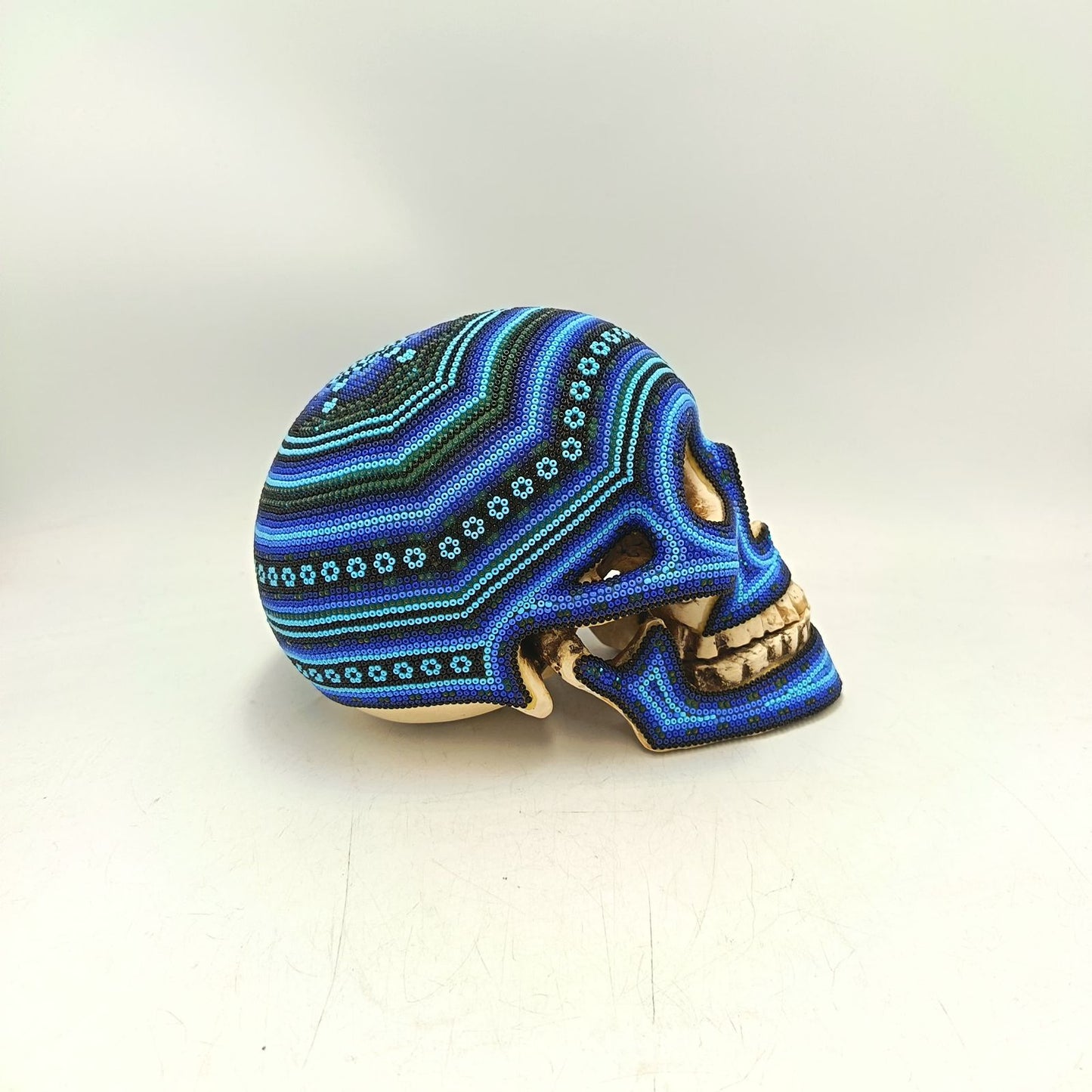 Huichol Hand Beaded Cast Resin Human Skull By Santos Bautita PP9051