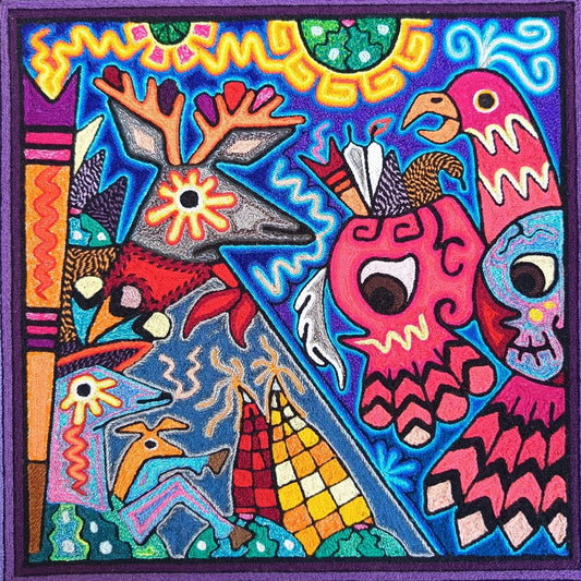 Mexican Folk Art Huichol Indian Yarn Painting by Luis Castro PP9061