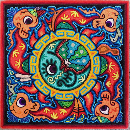 Mexican Folk Art Huichol Indian Yarn Painting by Luis Castro PP9062