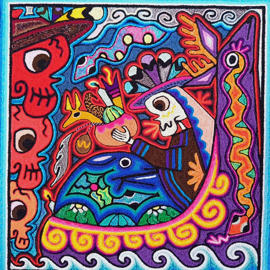Mexican Folk Art Huichol Indian Yarn Painting by Luis Castro PP9063