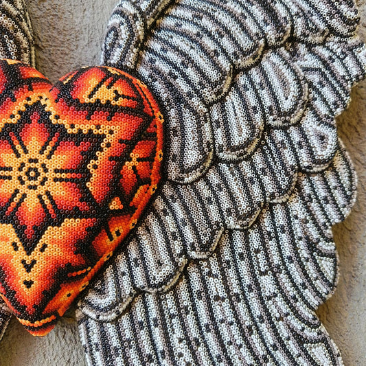 Mexican Huichol Hand Beaded Art, Heart with Wings By Isandro Villa Lopez PP9106